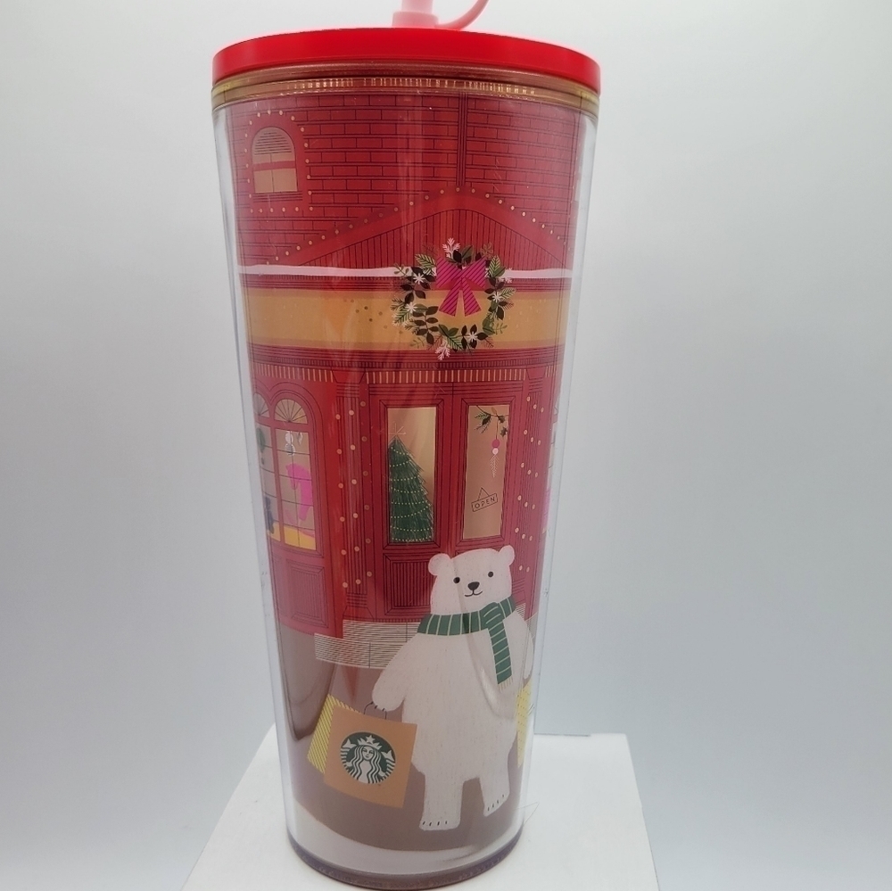 Starbucks Christmas Shopping Bear Cold Cup tumbler With Straw Topper - Picture 2 of 10